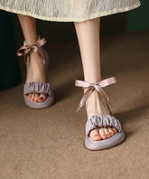 Lila Sandalen aus Rindsleder Peep Toe Splicing Bow Lace Up